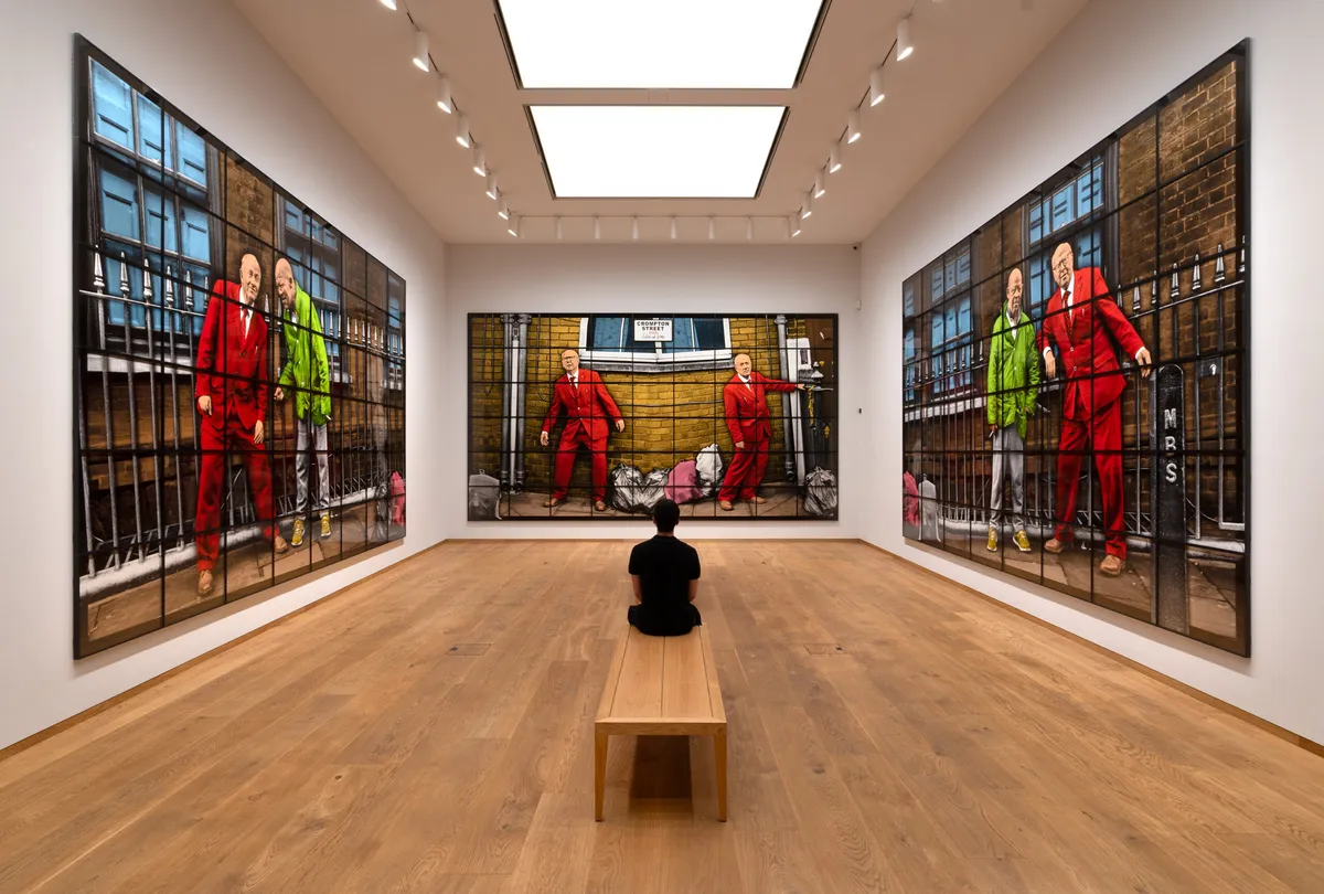 Installation view of Gilbert & George: Our George Crompton, WORLDS and WINDOWS