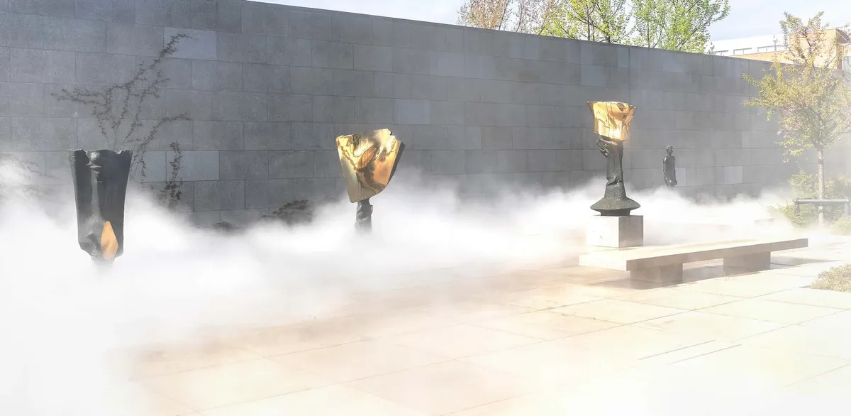 Installation view of Fujiko Nakaya: Fog Sculpture in the Sculpture Garden of the Neue Nationalgalerie