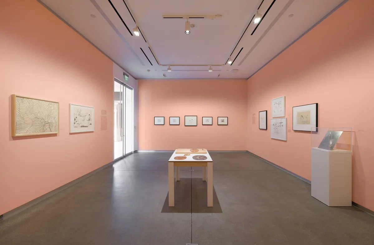 Installation view of Saul Steinberg: “Give Them a Riddle”