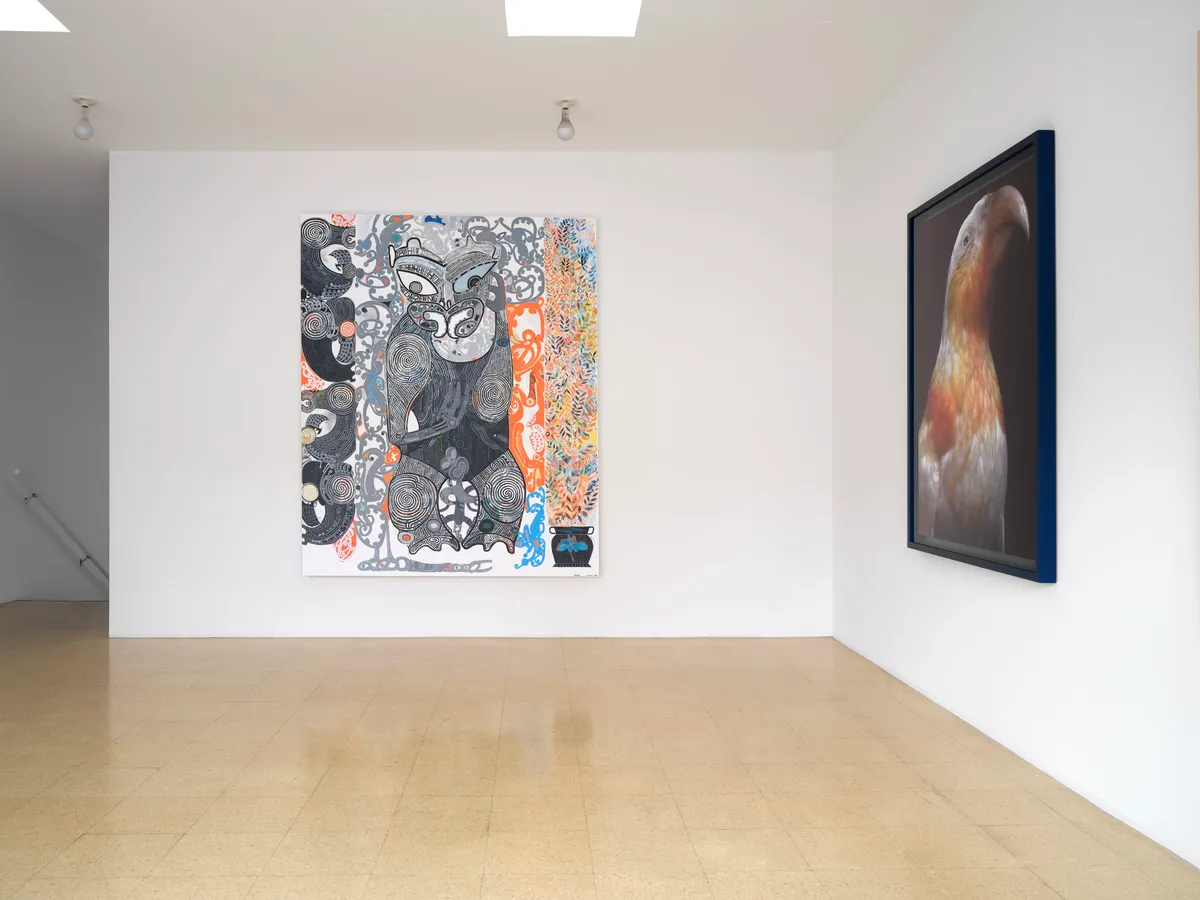Installation view of Shane Cotton, Simone Griffin and Fiona Pardington: As the Moonbird flies
