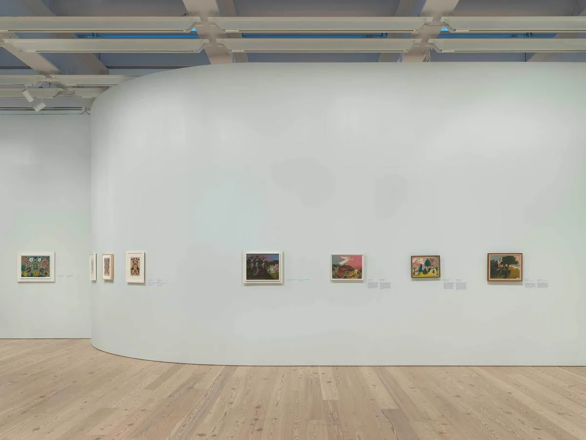 Installation view of The Lost World: The Art of Minnie Evans