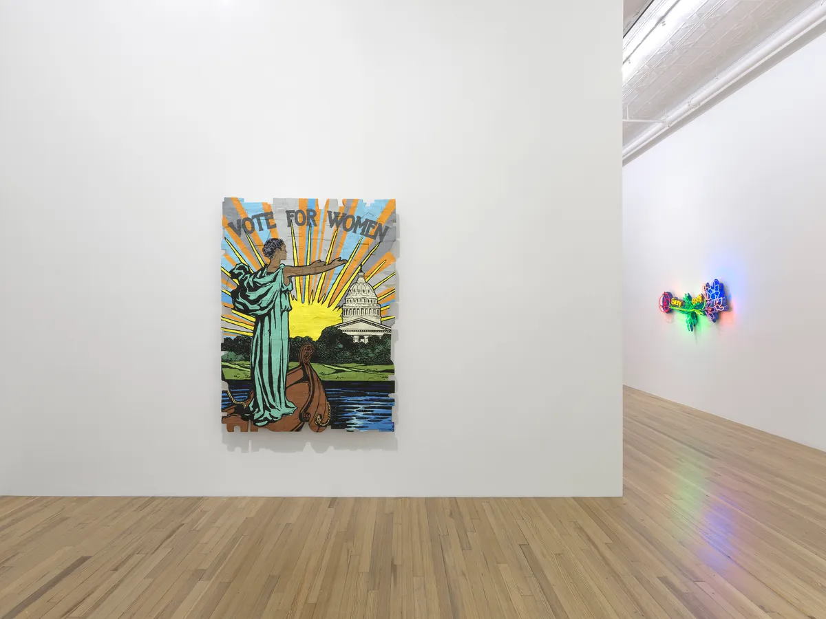 Installation view of Andrea Bowers: Democracy Needs Our Courage